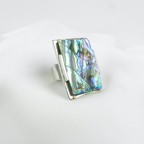 Silver Abalone Ring | 925 Silver Large Chunky Rectangular Accent Ring - Picture 1 of 11